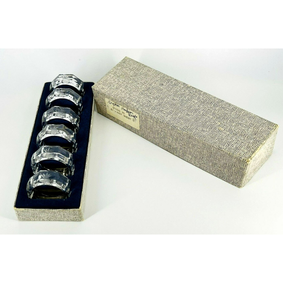 6 Beyer Lead Crystal Napkin Rings Germany Octagon Shape w/Etched Pineapples - Picture 1 of 6
